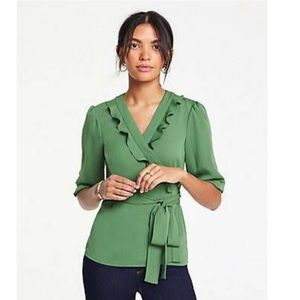 Ann Taylor Ruffle Wrap top green career spring